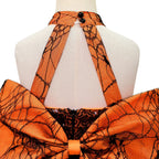 Black & Orange spiderweb lace girls halloween dress with halter neck, back bow and high-low tulle train, designed for Halloween parties, view 10