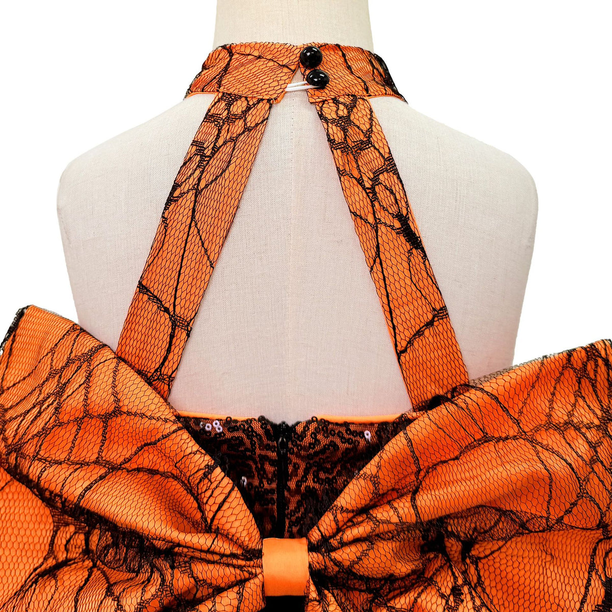 Black & Orange spiderweb lace girls halloween dress with halter neck, back bow and high-low tulle train, designed for Halloween parties, view 10