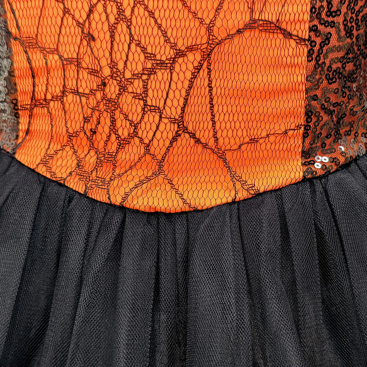 Black & Orange spiderweb lace girls halloween dress with halter neck, back bow and high-low tulle train, designed for Halloween parties, view 11