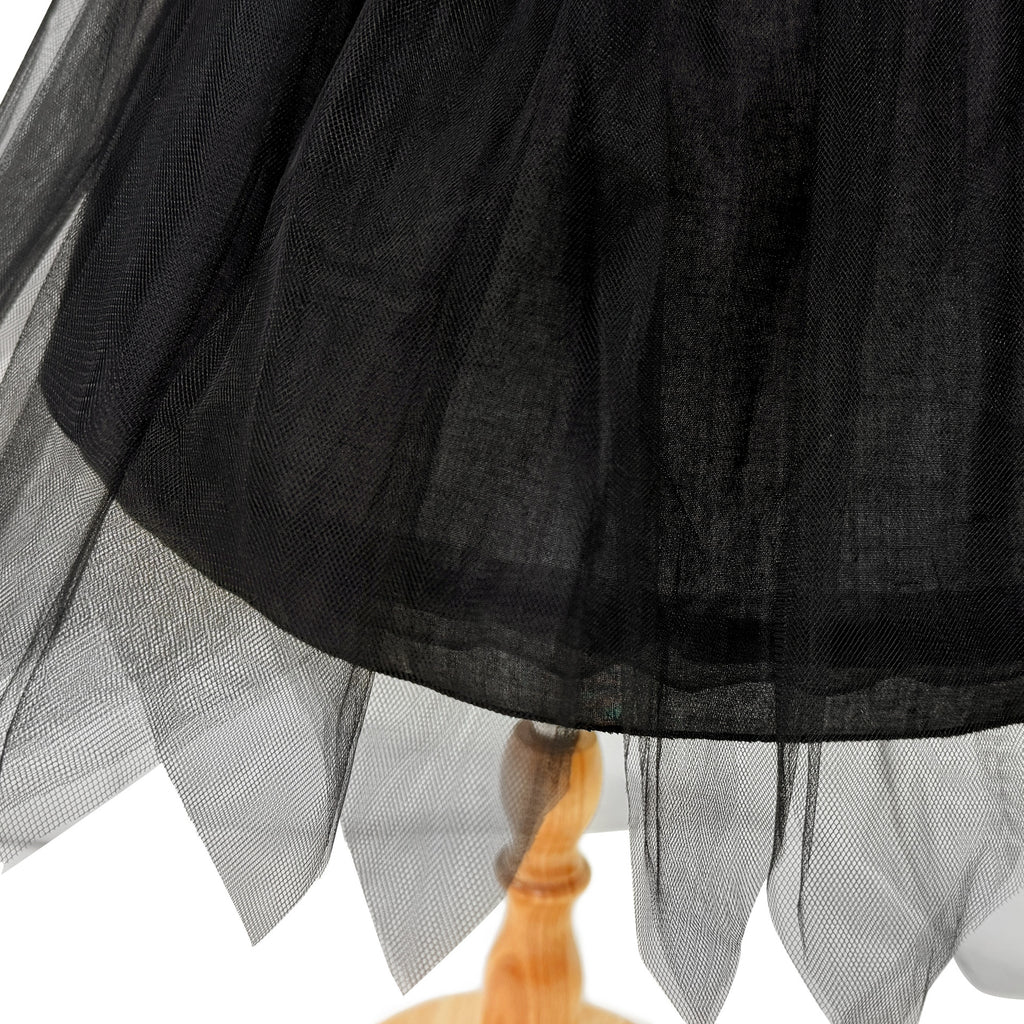 Black & Orange spiderweb lace girls halloween dress with halter neck, back bow and high-low tulle train, designed for Halloween parties, view 14