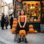 Black & Orange spiderweb lace girls halloween dress with halter neck, back bow and high-low tulle train, designed for Halloween parties, view 2