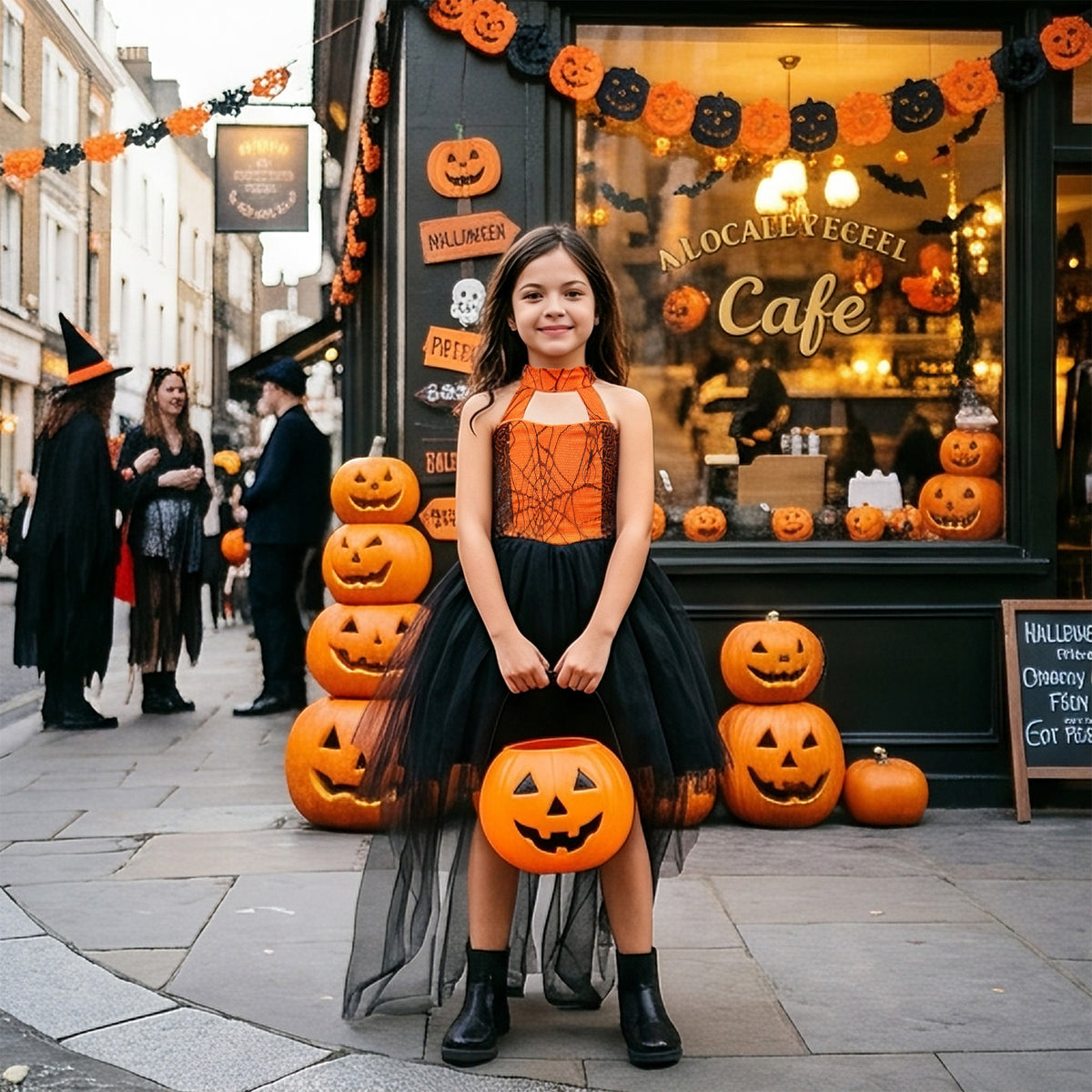 Black & Orange spiderweb lace girls halloween dress with halter neck, back bow and high-low tulle train, designed for Halloween parties, view 2