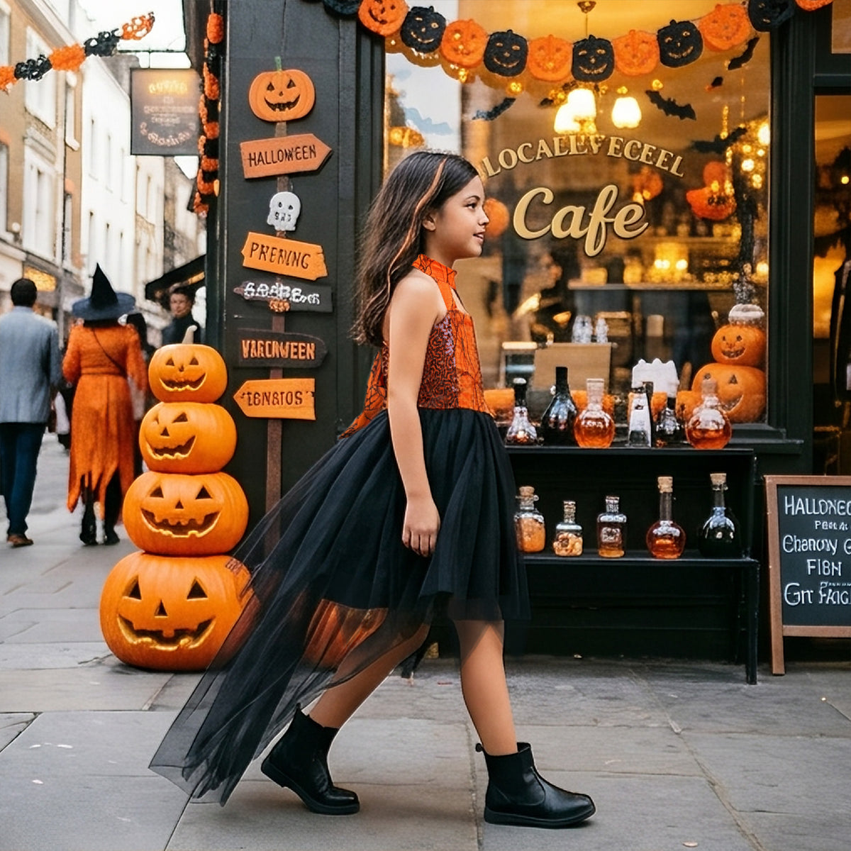 Black & Orange spiderweb lace girls halloween dress with halter neck, back bow and high-low tulle train, designed for Halloween parties, view 3