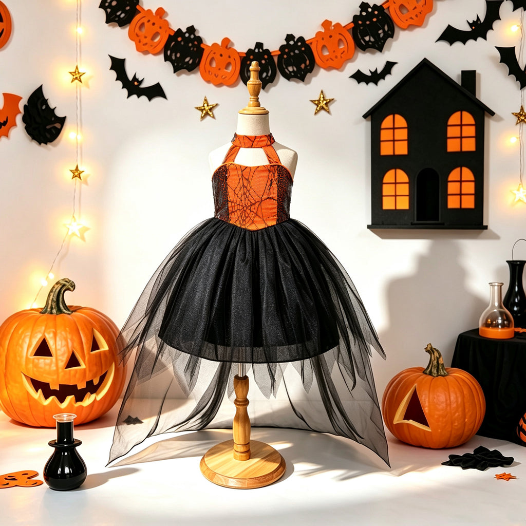 Black & Orange spiderweb lace girls halloween dress with halter neck, back bow and high-low tulle train, designed for Halloween parties, view 4