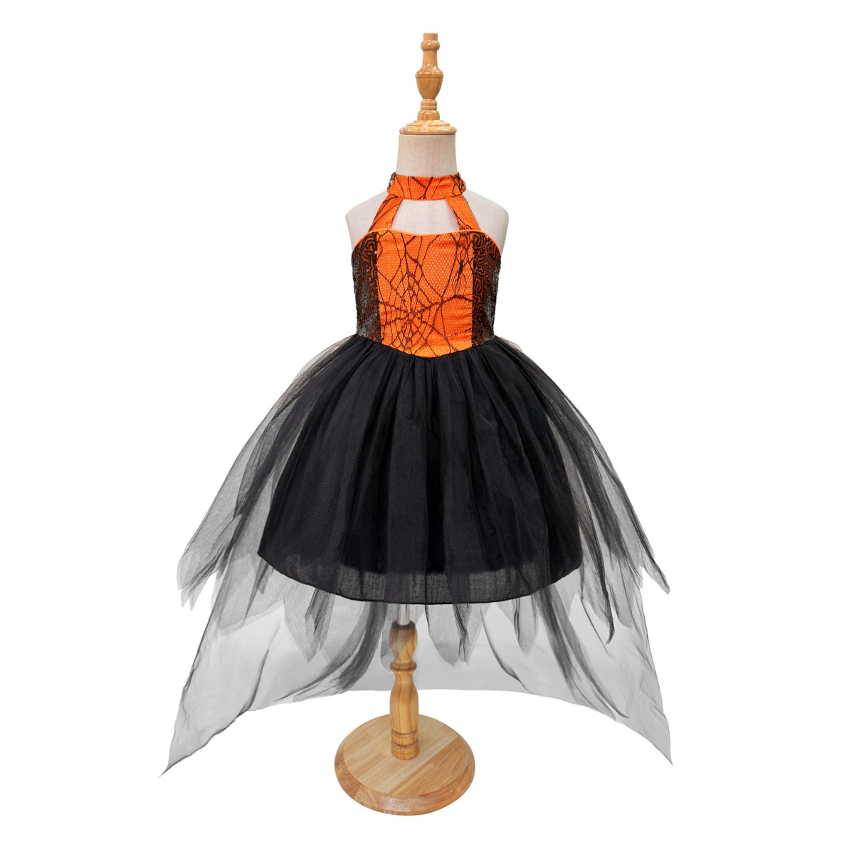 Black & Orange spiderweb lace girls halloween dress with halter neck, back bow and high-low tulle train, designed for Halloween parties, view 5