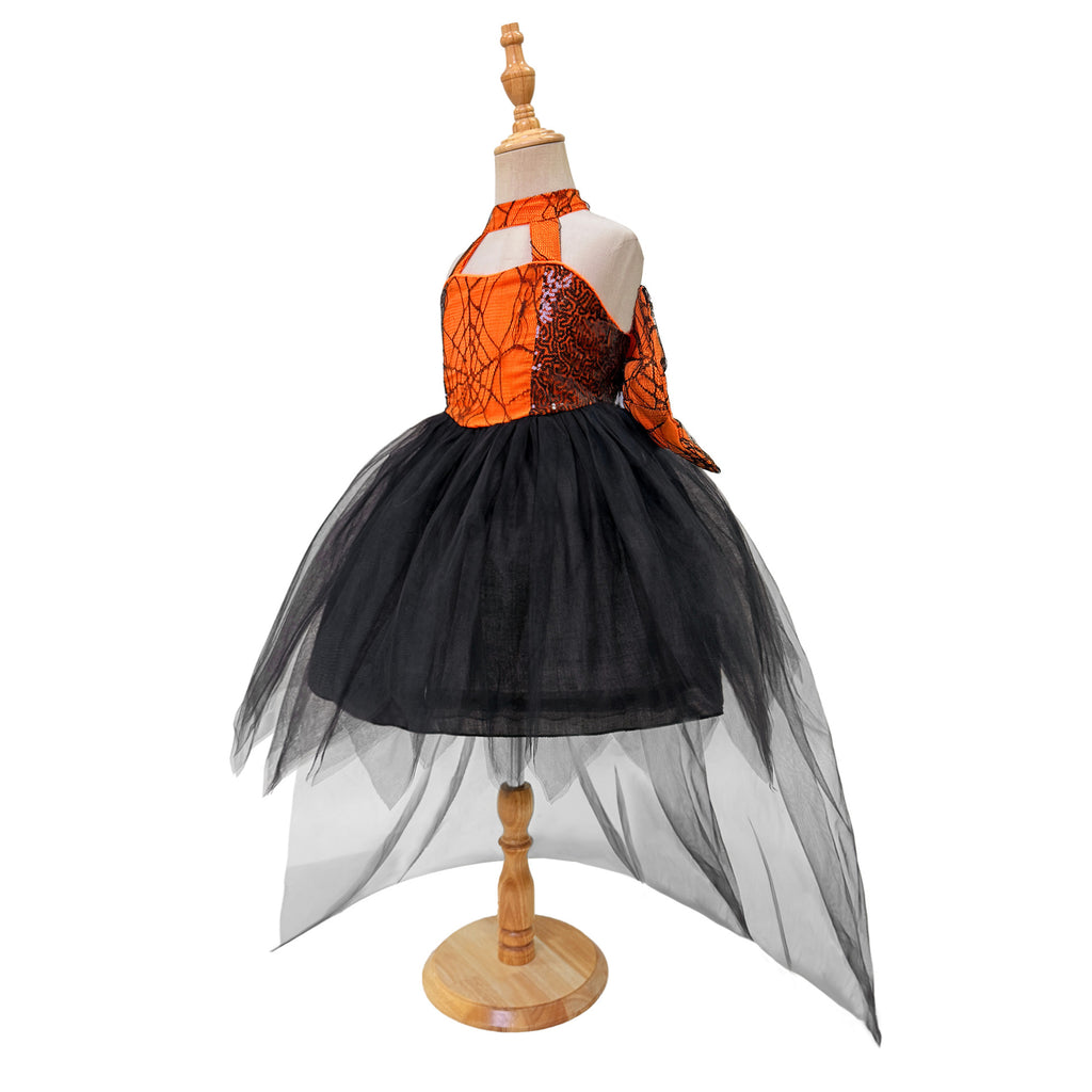 Black & Orange spiderweb lace girls halloween dress with halter neck, back bow and high-low tulle train, designed for Halloween parties, view 6