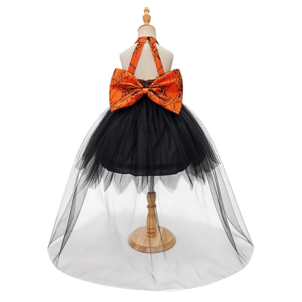 Black & Orange spiderweb lace girls halloween dress with halter neck, back bow and high-low tulle train, designed for Halloween parties, view 7