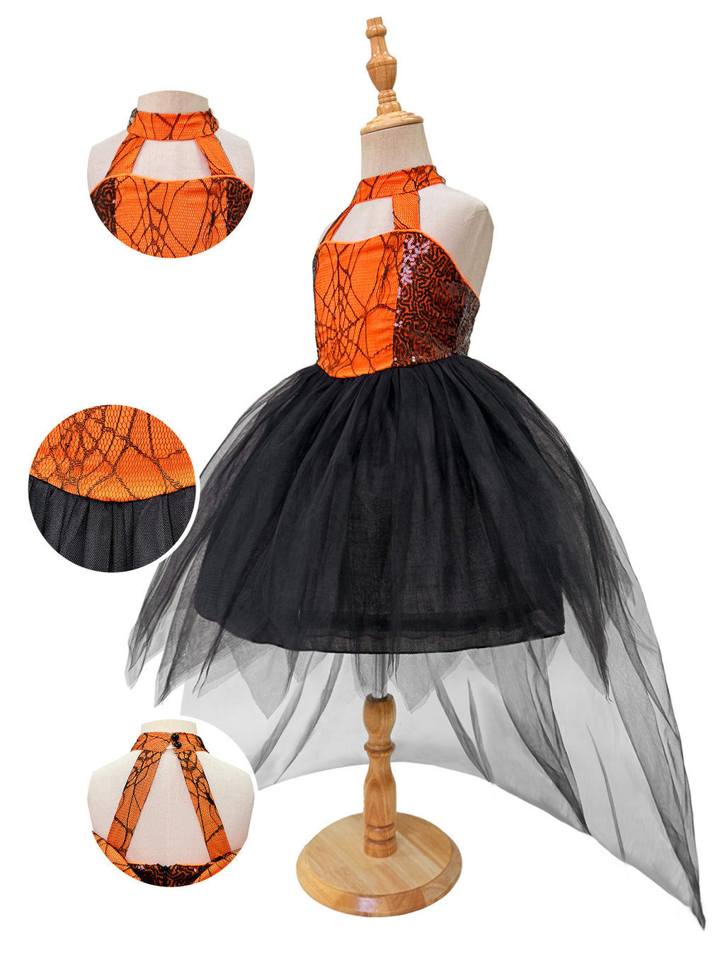 Black & Orange spiderweb lace girls halloween dress with halter neck, back bow and high-low tulle train, designed for Halloween parties, view 8