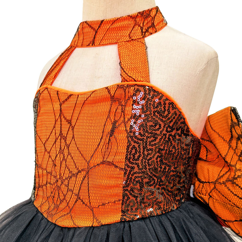 Black & Orange spiderweb lace girls halloween dress with halter neck, back bow and high-low tulle train, designed for Halloween parties, view 9