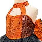 Black & Orange spiderweb lace girls halloween dress with halter neck, back bow and high-low tulle train, designed for Halloween parties, view 9