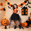 Black & Orange spiderweb lace girls halloween dress with halter neck, back bow and high-low tulle train, designed for Halloween parties.