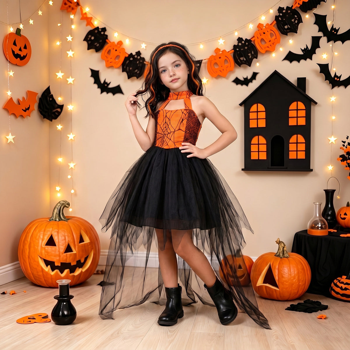 Black & Orange spiderweb lace girls halloween dress with halter neck, back bow and high-low tulle train, designed for Halloween parties.