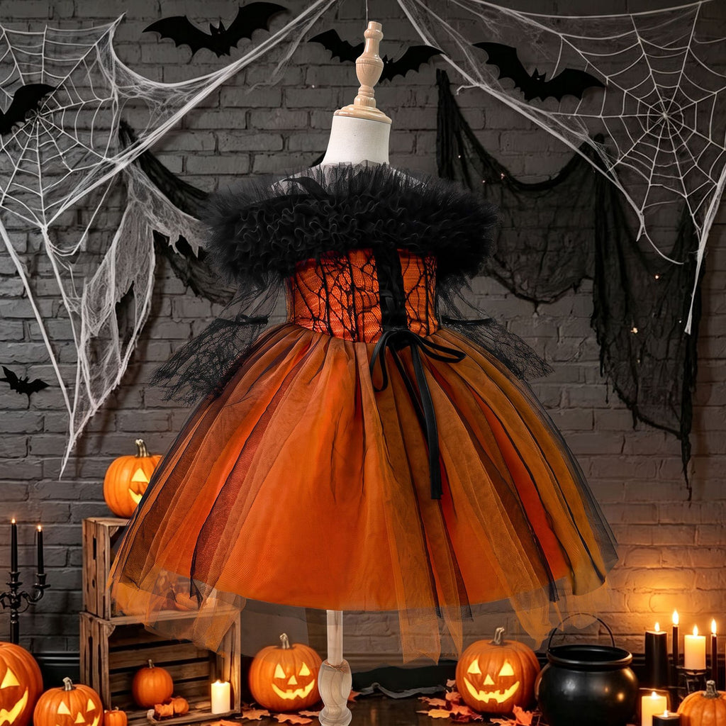 Black and orange girls dress with off-shoulder tulle ruffle, spiderweb lace corset bodice and tulle skirt, designed for Halloween parties, view 2