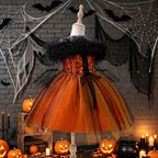 Black and orange girls dress with off-shoulder tulle ruffle, spiderweb lace corset bodice and tulle skirt, designed for Halloween parties, view 2