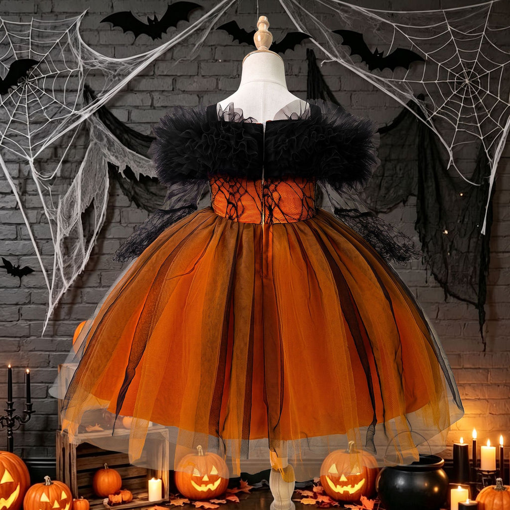 Black and orange girls dress with off-shoulder tulle ruffle, spiderweb lace corset bodice and tulle skirt, designed for Halloween parties, view 3