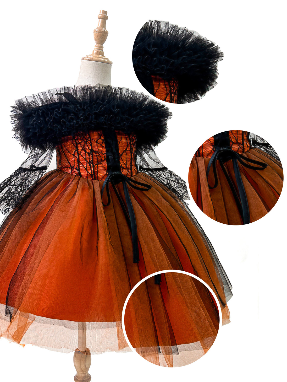 Black and orange girls dress with off-shoulder tulle ruffle, spiderweb lace corset bodice and tulle skirt, designed for Halloween parties, view 4