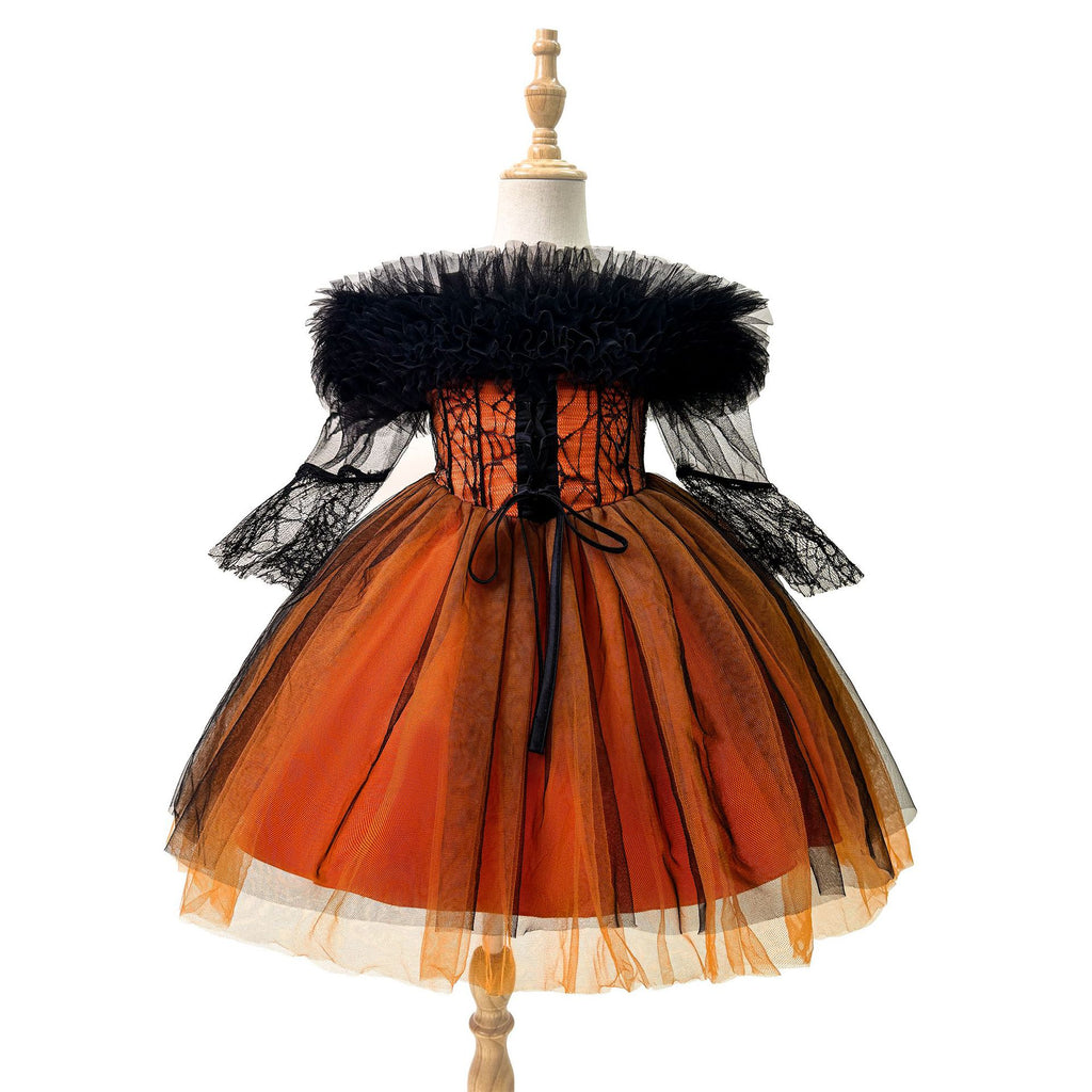 Black and orange girls dress with off-shoulder tulle ruffle, spiderweb lace corset bodice and tulle skirt, designed for Halloween parties, view 5
