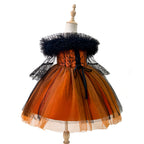 Black and orange girls dress with off-shoulder tulle ruffle, spiderweb lace corset bodice and tulle skirt, designed for Halloween parties, view 6