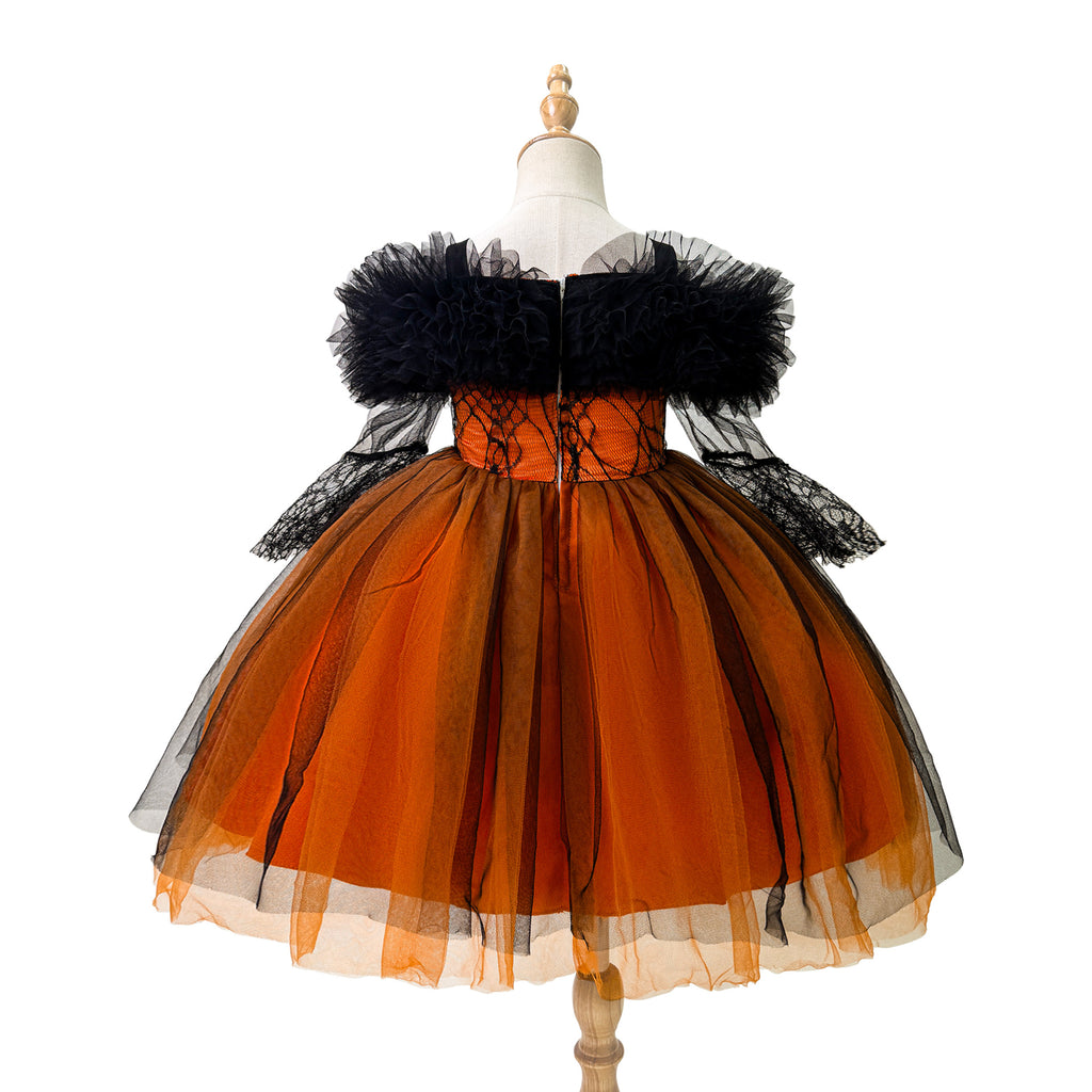 Black and orange girls dress with off-shoulder tulle ruffle, spiderweb lace corset bodice and tulle skirt, designed for Halloween parties, view 7