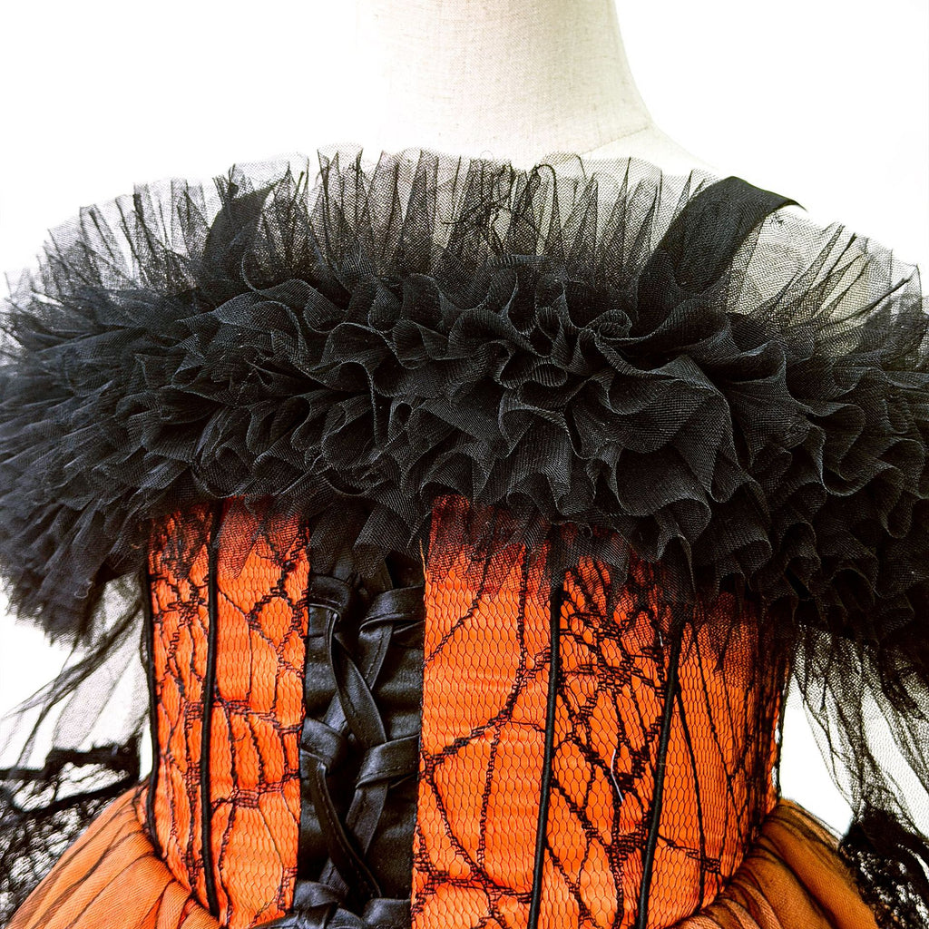 Black and orange girls dress with off-shoulder tulle ruffle, spiderweb lace corset bodice and tulle skirt, designed for Halloween parties, view 8