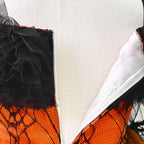 Black and orange girls dress with off-shoulder tulle ruffle, spiderweb lace corset bodice and tulle skirt, designed for Halloween parties, view 9