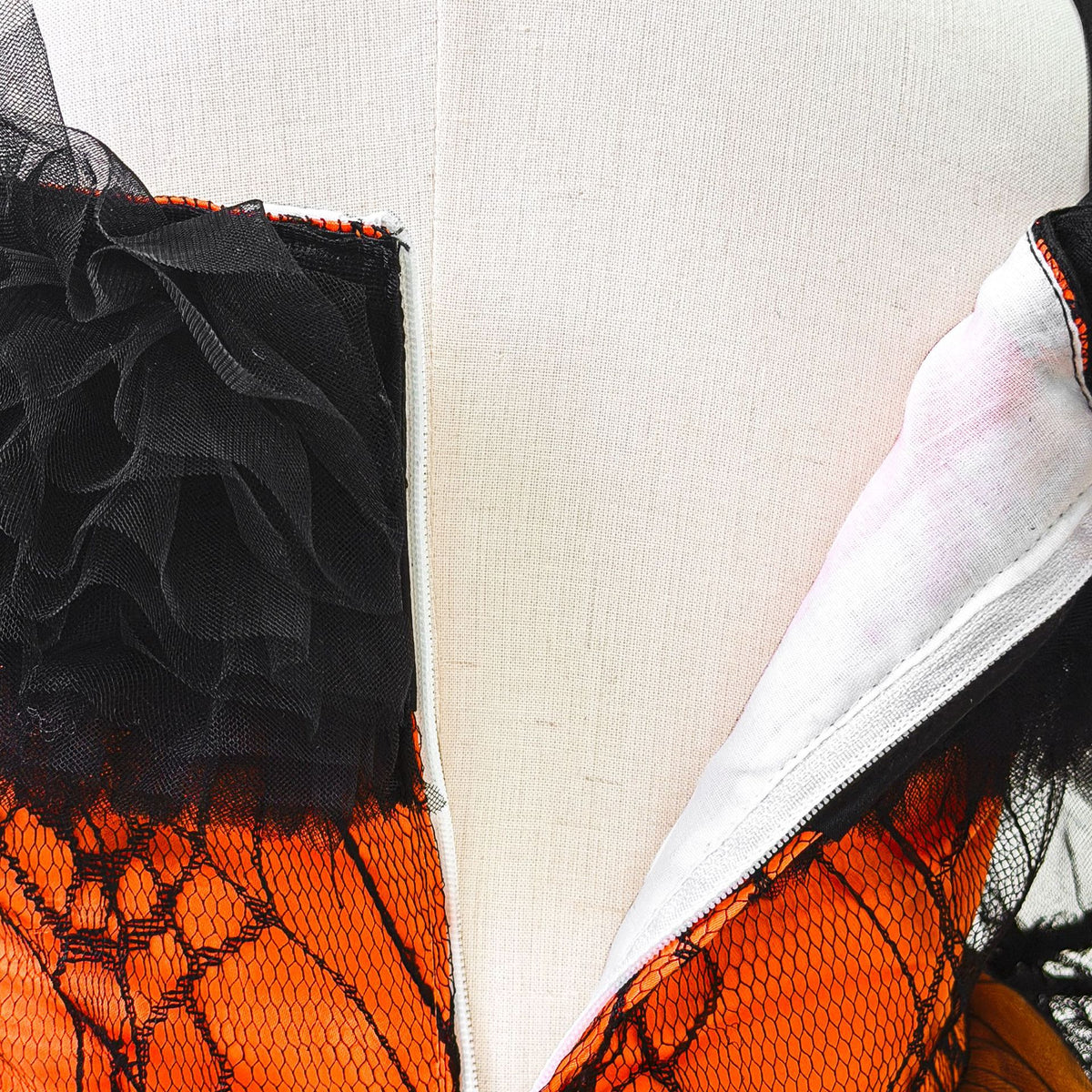 Black and orange girls dress with off-shoulder tulle ruffle, spiderweb lace corset bodice and tulle skirt, designed for Halloween parties, view 9