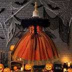 Black and orange girls dress with off-shoulder tulle ruffle, spiderweb lace corset bodice and tulle skirt, designed for Halloween parties.