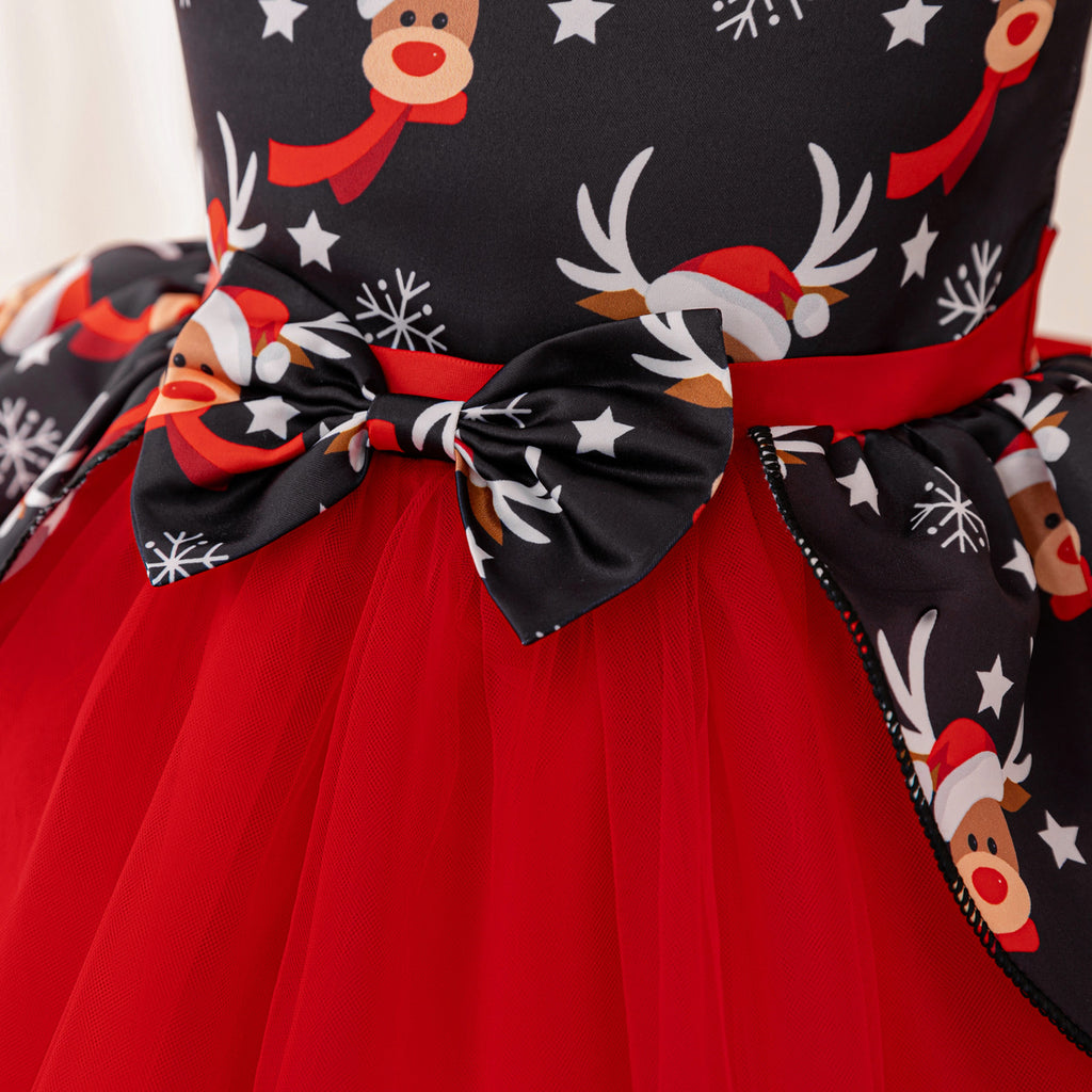 Black and red girls dress with reindeer print bodice, bow peplum and red tulle skirt, designed for Christmas parties, view 6