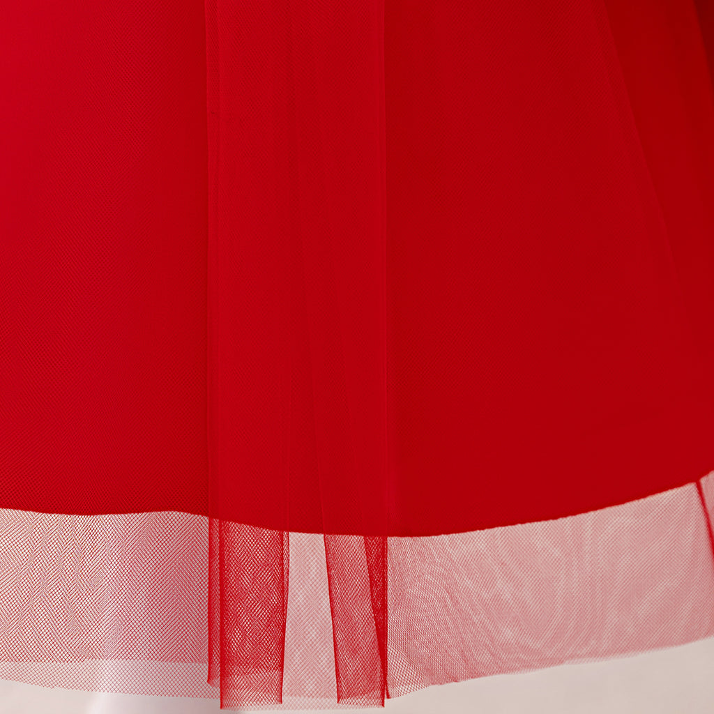 Black and red girls dress with reindeer print bodice, bow peplum and red tulle skirt, designed for Christmas parties, view 8