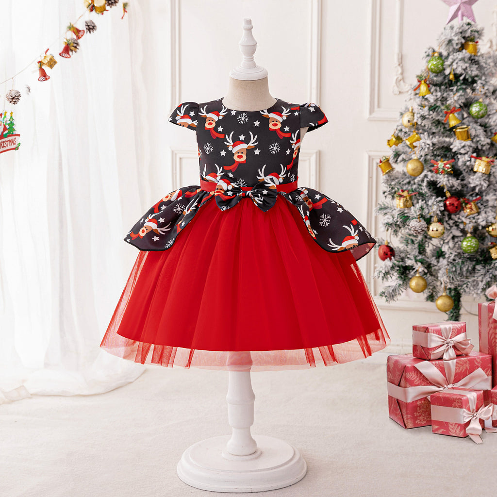 Black and red girls dress with reindeer print bodice, bow peplum and red tulle skirt, designed for Christmas parties.