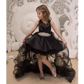 Black satin girls formal dress with a rhinestone belt and a high-low organza skirt, front view, for a performance.