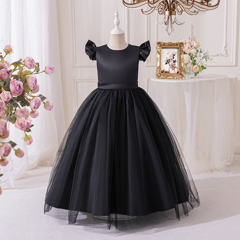 Black satin and tulle girls party dress with flutter sleeves, front view, for a formal party.