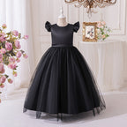 Black satin and tulle girls party dress with flutter sleeves, front view, for a formal party.