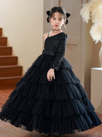 Black sequin girls party dress with a tiered ball skirt, side view 2.