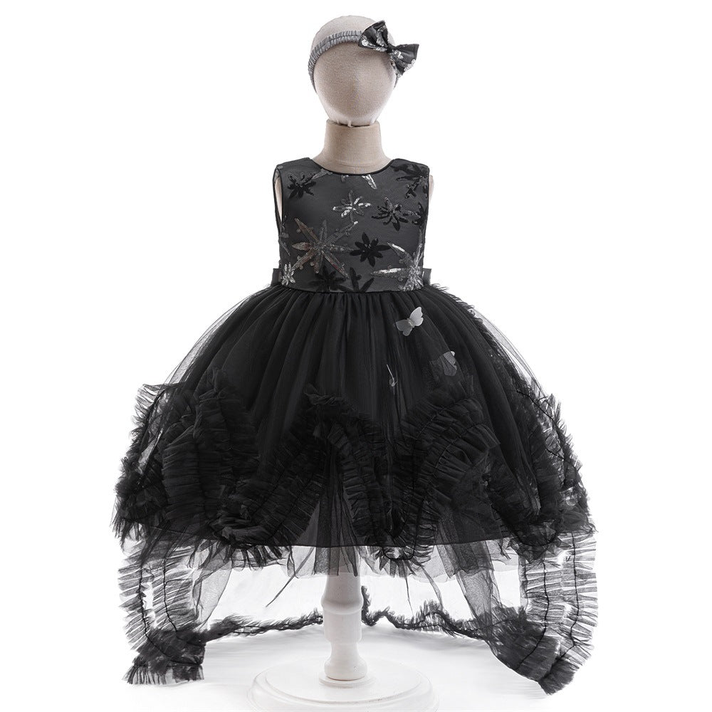 Black sequin tulle girls high-low gown with star-flower embroidery and ruffled tulle train, designed for Halloween parties.