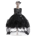 Black sequin tulle girls high-low gown with star-flower embroidery and ruffled tulle train, designed for Halloween parties.