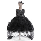 Black sequin tulle girls high-low gown with star-flower embroidery and ruffled tulle train, designed for Halloween parties.