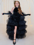 Black velvet girls tulle gown with halter neck, bow open back and tiered high-low ruffle skirt, designed for birthdays and pageants, view 3