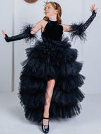 Black velvet girls tulle gown with halter neck, bow open back and tiered high-low ruffle skirt, designed for birthdays and pageants, view 4