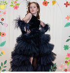 Black velvet girls tulle gown with halter neck, bow open back and tiered high-low ruffle skirt, designed for birthdays and pageants, view 6