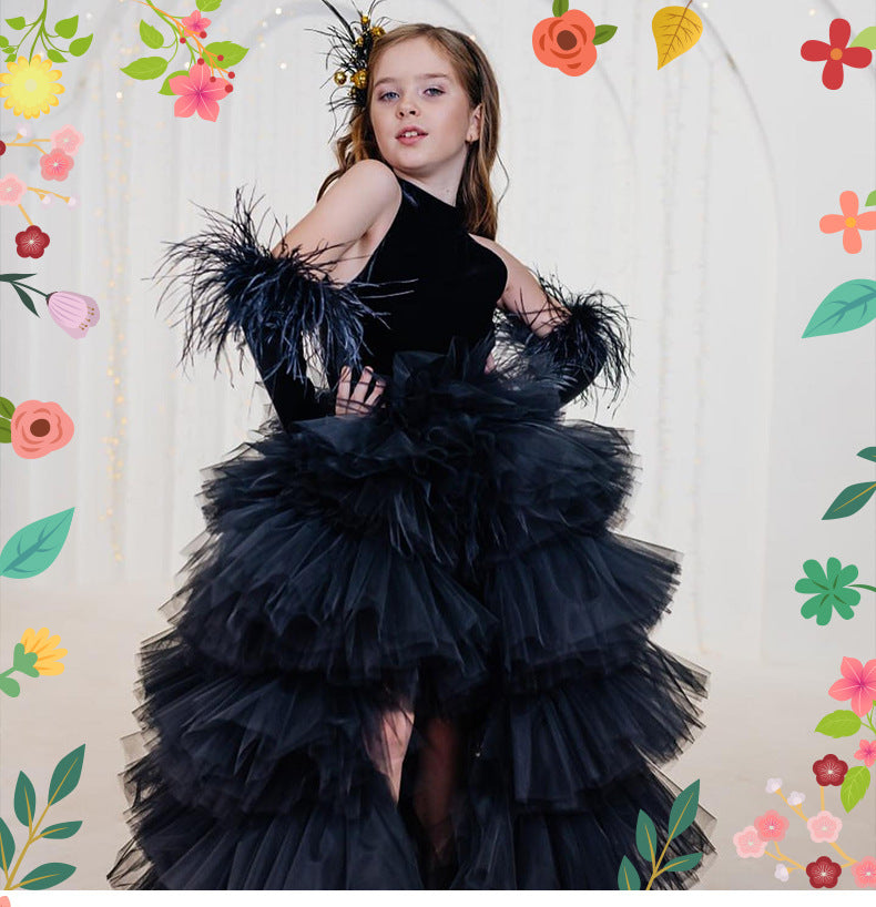 Black velvet girls tulle gown with halter neck, bow open back and tiered high-low ruffle skirt, designed for birthdays and pageants, view 6