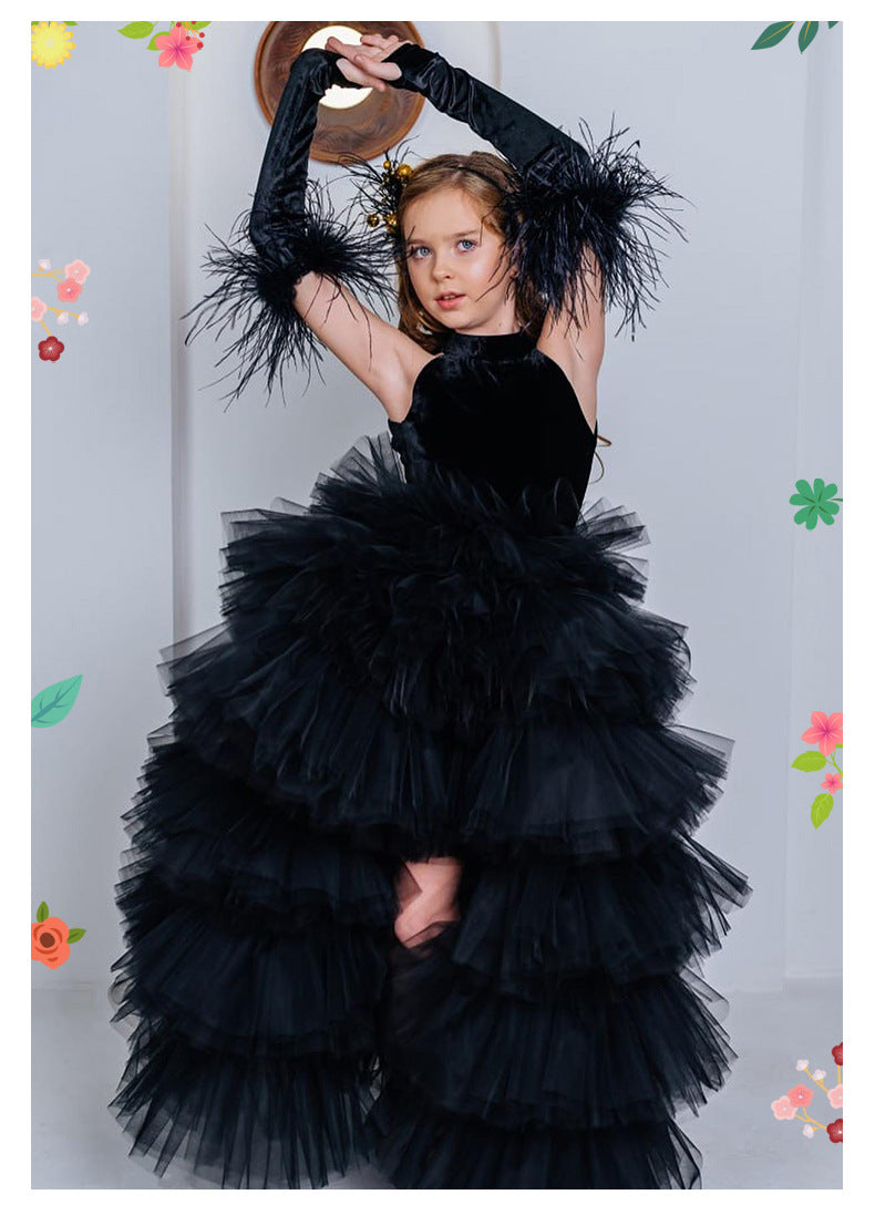 Black velvet girls tulle gown with halter neck, bow open back and tiered high-low ruffle skirt, designed for birthdays and pageants, view 7