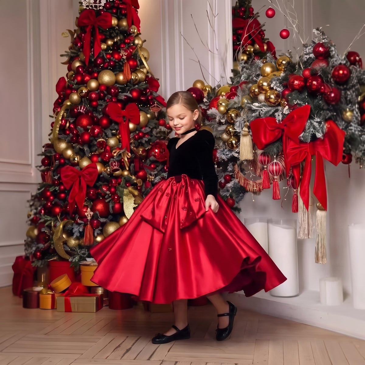 Girl twirling in a black velvet and red satin Christmas party dress with full tea-length skirt and jeweled satin bow