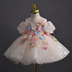 Blush sequin tulle girls party dress with embroidered flowers and a full ball gown skirt, side angle view.
