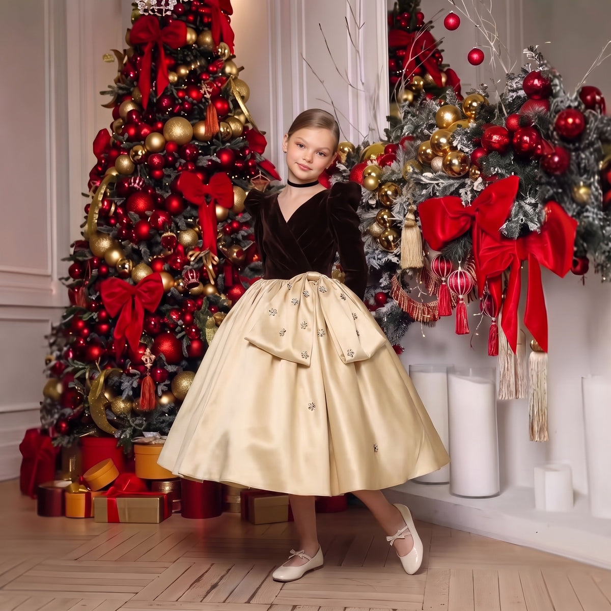 Girls holiday dress with brown velvet V-neck bodice, puff sleeves and champagne satin skirt with crystal flower bow, by a Christmas tree