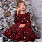 Burgundy sequin girls Christmas dress with long sleeves and a full skirt, front view, for a holiday party.