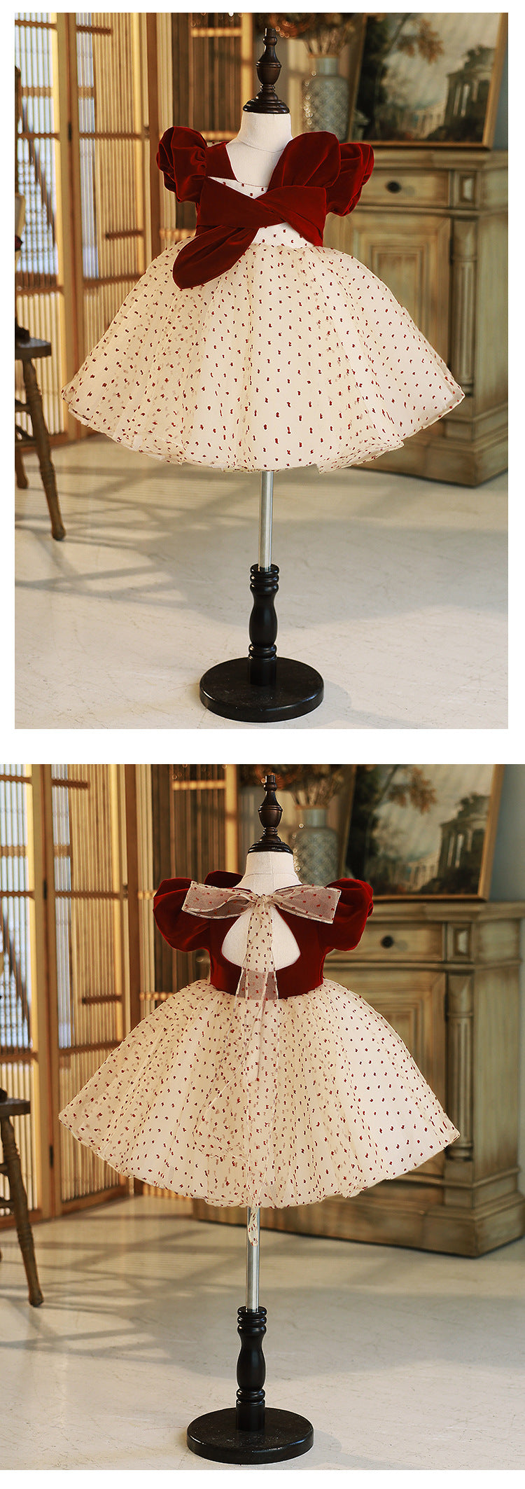 Burgundy and champagne dotted tulle girls dress with velvet puff sleeves, front and back views, designed for Christmas and flower girl looks.
