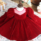 Burgundy velvet girls party dress with long puff sleeves, sheer yoke and pearl heart back bow, designed for Christmas and holiday parties, view 10
