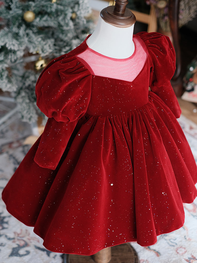 Burgundy velvet girls party dress with long puff sleeves, sheer yoke and pearl heart back bow, designed for Christmas and holiday parties, view 2