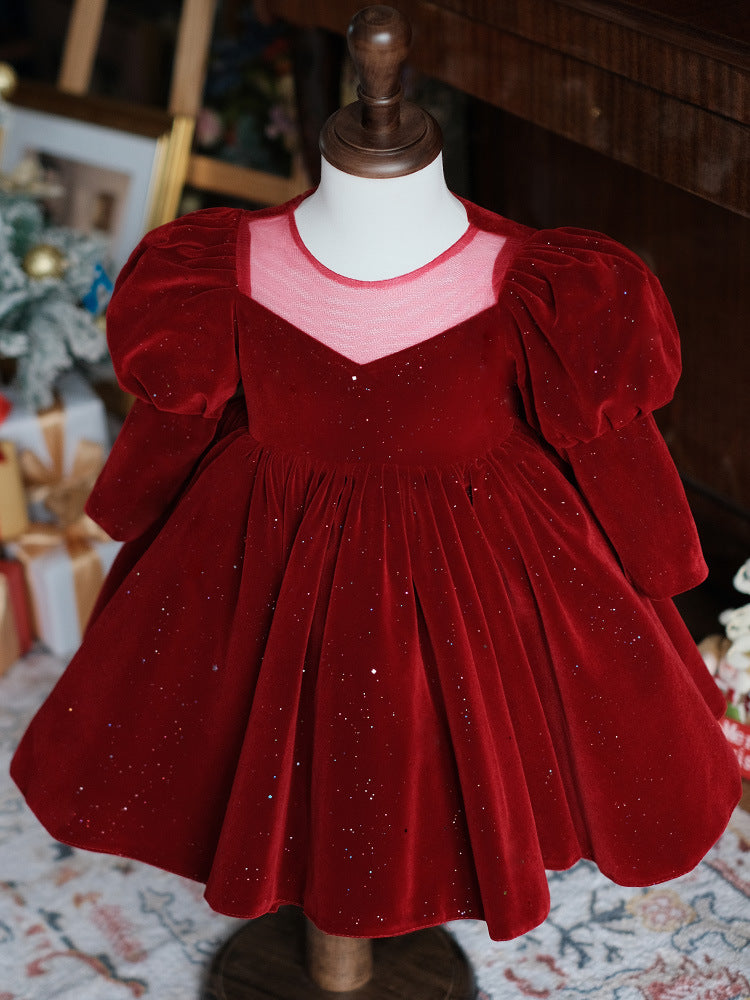 Burgundy velvet girls party dress with long puff sleeves, sheer yoke and pearl heart back bow, designed for Christmas and holiday parties, view 3